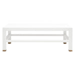 The Made Goods Jarin Coffee Table in Designer White Belgian Linen features a textured rectangular design, lower shelf, and small brown feet, displayed against a plain white background.