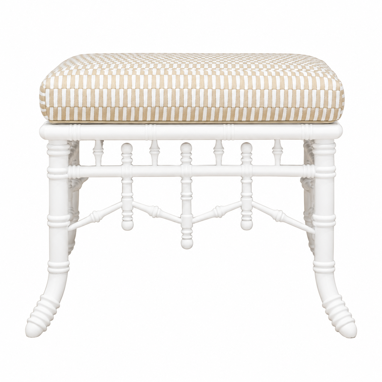 The Hickory Chair Faux Bamboo Bench is a white wooden decorative piece featuring turned spindle legs and crossbars, and is topped with a beige and white checkered upholstered cushion.