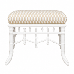 The Hickory Chair Faux Bamboo Bench is a white wooden decorative piece featuring turned spindle legs and crossbars, and is topped with a beige and white checkered upholstered cushion.