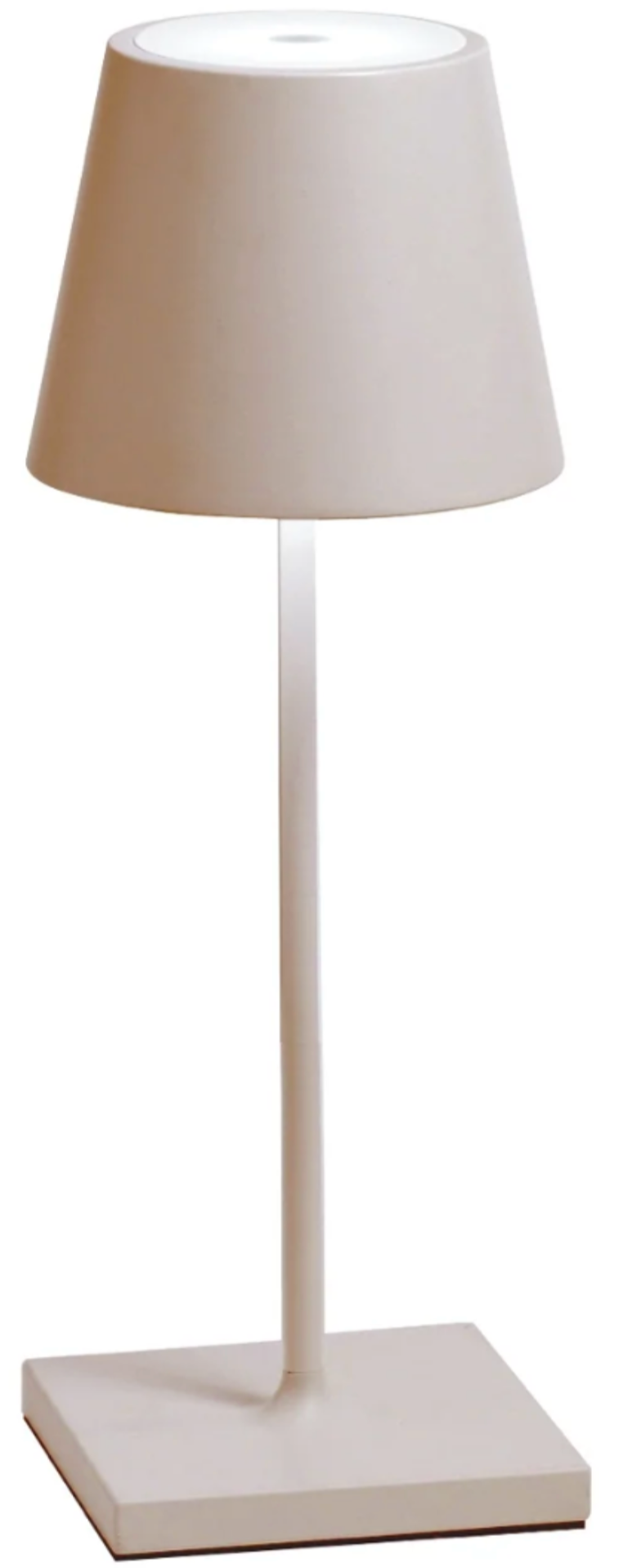 The Zafferano America Poldina Pro Mini Table Lamp Collection features modern white cordless lamps with a conical shade, slender stem, and square base—ideal as stylish rechargeable lighting for indoor or outdoor use.