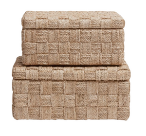 The Lilou Natural Lattice Boxes by Made Goods are two rectangular, lidded baskets crafted from basket-weave abaca rope. Their checkered design offers a stylish and practical storage solution for any room.