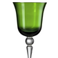 The St Moritz Acrylic Drinkware Collection by Mario Luca Giusti features a green goblet with a clear stem and base, elegantly set against a white backdrop. This vibrant, classic piece is ideal for enhancing any outdoor tablescape.
