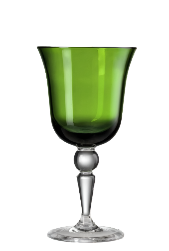 The St Moritz Acrylic Drinkware Collection by Mario Luca Giusti features a green goblet with a clear stem and base, elegantly set against a white backdrop. This vibrant, classic piece is ideal for enhancing any outdoor tablescape.