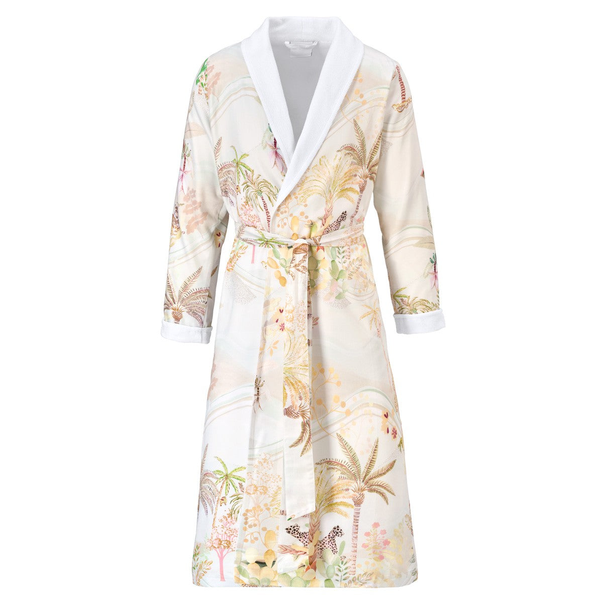 Experience luxury in the Christian Fischbacher Oasis Long Robe, featuring a tropical palm and foliage print, long sleeves, and white shawl collar and cuffs inspired by classic terry bathrobes.