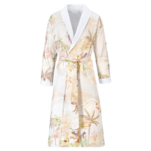 Experience luxury in the Christian Fischbacher Oasis Long Robe, featuring a tropical palm and foliage print, long sleeves, and white shawl collar and cuffs inspired by classic terry bathrobes.