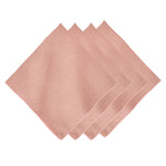 Four neatly arranged, square-shaped pink linen napkins from Juliska’s Berry Scallop Napkin & Tablecloth Collection, featuring delicate scalloped edges and set against a white background—an elegant addition to any table.