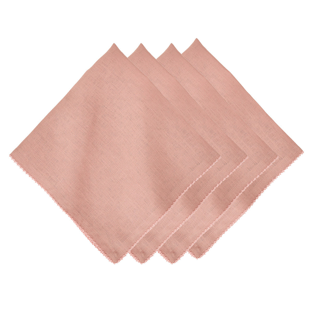 Four neatly arranged, square-shaped pink linen napkins from Juliska’s Berry Scallop Napkin & Tablecloth Collection, featuring delicate scalloped edges and set against a white background—an elegant addition to any table.