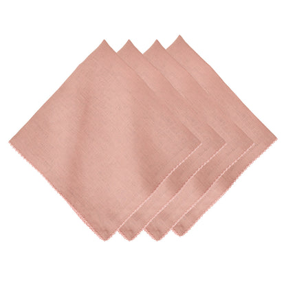 Four neatly arranged, square-shaped pink linen napkins from Juliska’s Berry Scallop Napkin & Tablecloth Collection, featuring delicate scalloped edges and set against a white background—an elegant addition to any table.
