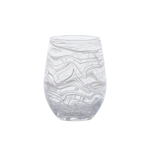 The Juliska Puro Marbled Drinkware Collection features a clear glass tumbler with a rounded shape and swirling, wavy etched patterns, displayed against a white background.