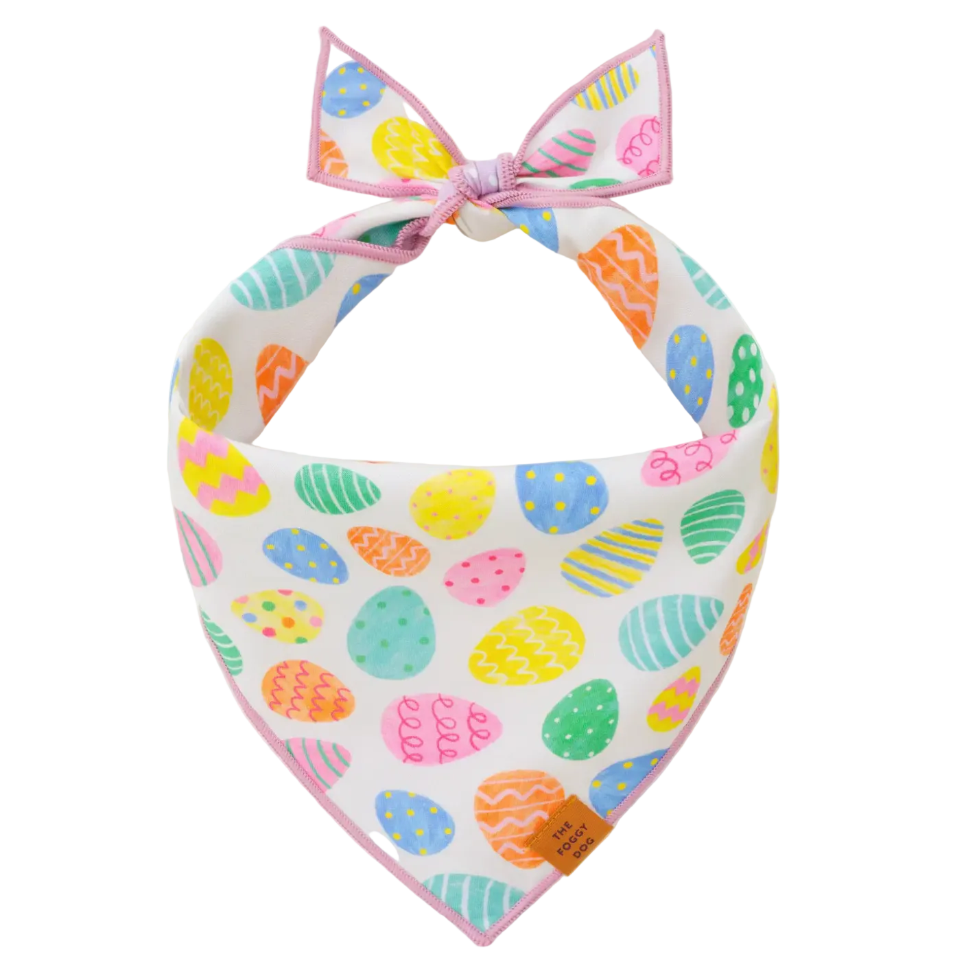 The Foggy Dog's Easter Eggs Reversible Bandana features colorful patterned Easter eggs, a pink trim, and can be tied in a knot at the top.