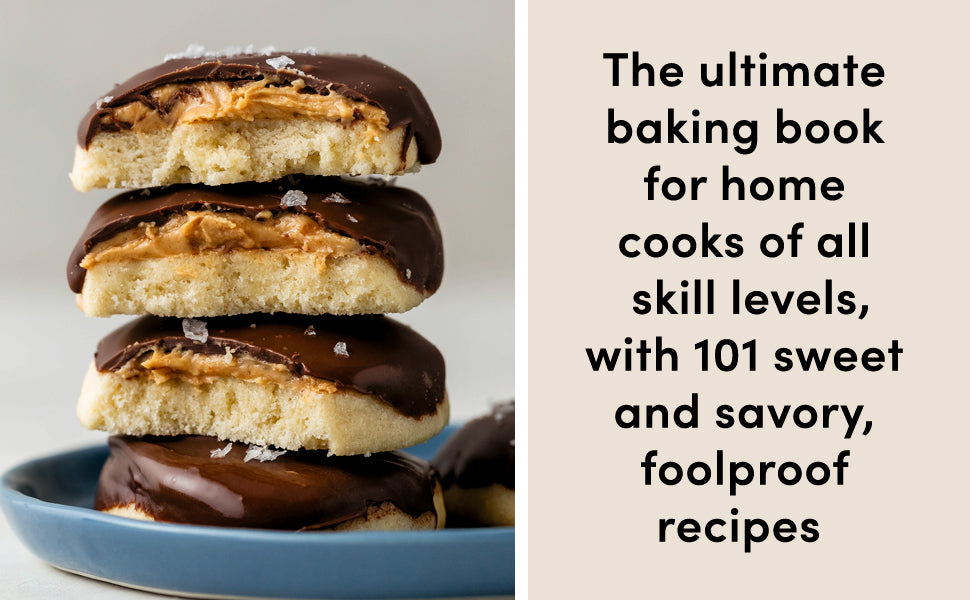Three chocolate-covered cookies stacked on a blue plate, alongside text promoting Sally’s Baking 101 by Penguin Random House—a baking book featuring 101 foolproof recipes for all skill levels, perfect for creating delicious homemade baked goods.
