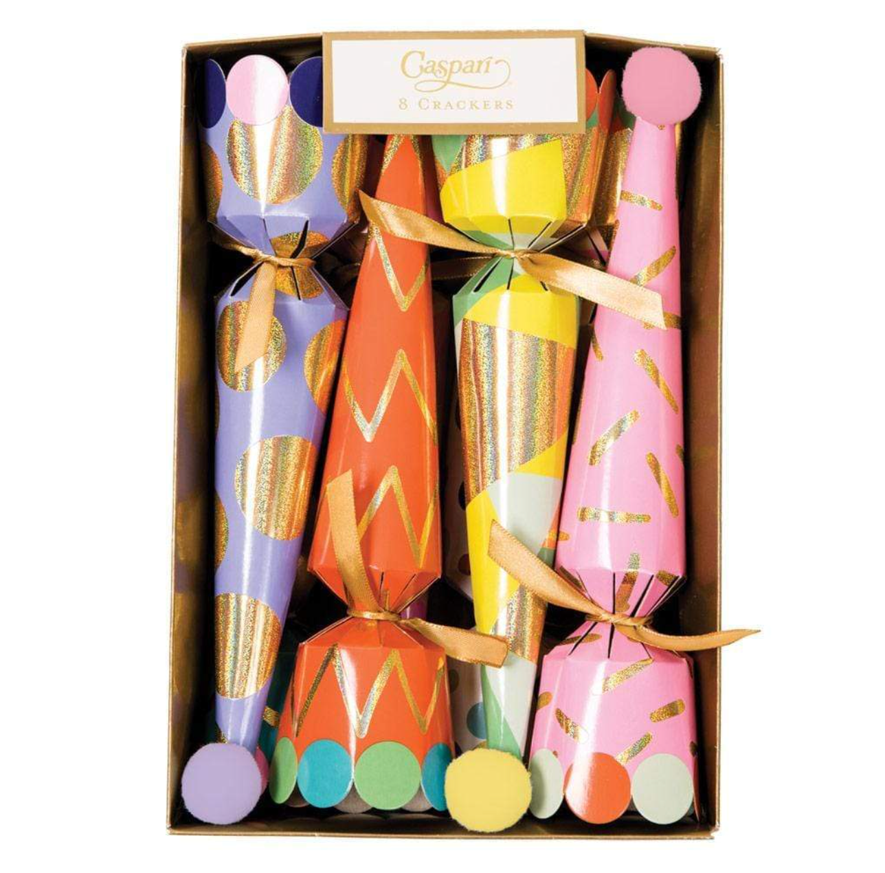 A box of eight Caspari Party Hats Celebration Crackers in assorted colors and patterns with metallic details, each tied with a gold ribbon and topped with a pom-pom—perfect as holiday party favors or classic Christmas crackers.