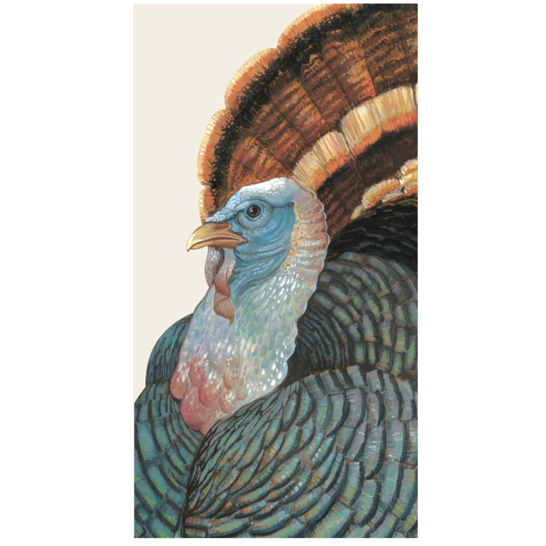 Illustration of a wild turkey with a blue head, vibrant multicolored feathers, and a fanned brown tail set against a plain background—an ideal addition to Hester & Cook’s Heritage Turkey Collection or for bringing timeless autumn style to your fall seating assignments.