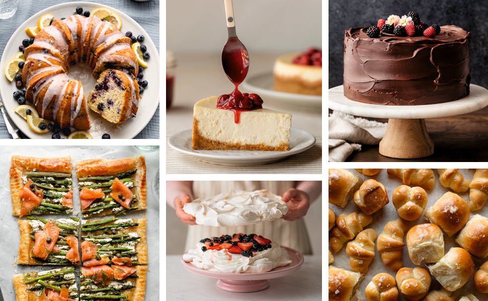 A tempting collage showcases six classic baked-from-scratch recipes from Sally’s Baking 101 by Penguin Random House—including lemon blueberry bundt cake, cheesecake with cherry topping, chocolate layer cake, vegetable tart, berry pavlova, and soft pretzel bites—inspired by Sally’s signature baking style.