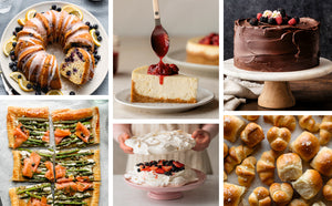 A tempting collage showcases six classic baked-from-scratch recipes from Sally’s Baking 101 by Penguin Random House—including lemon blueberry bundt cake, cheesecake with cherry topping, chocolate layer cake, vegetable tart, berry pavlova, and soft pretzel bites—inspired by Sally’s signature baking style.