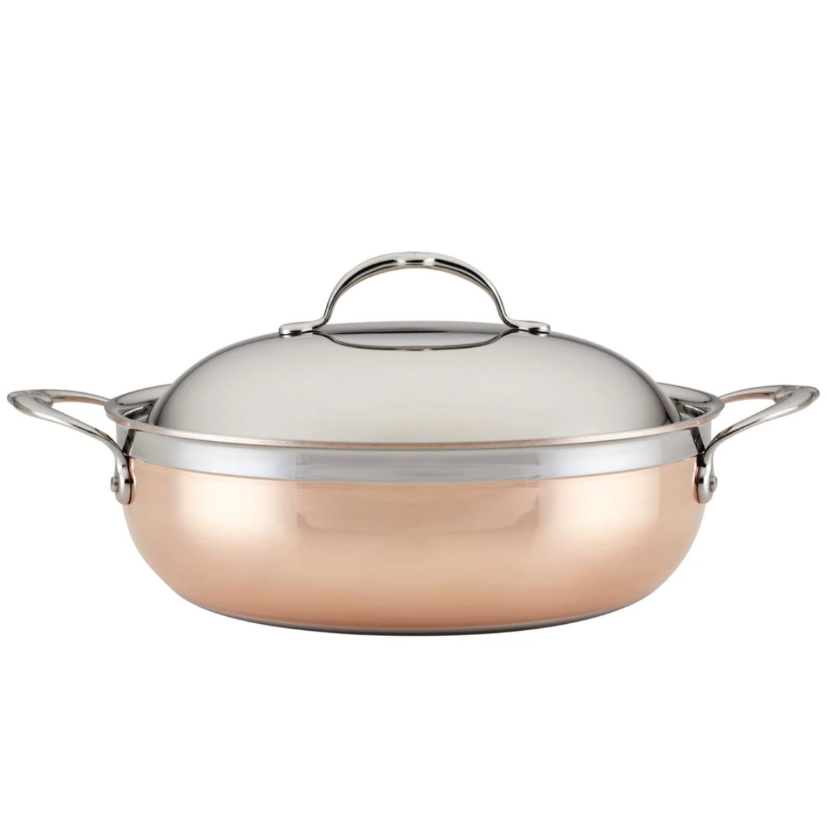 The Hestan CopperBond Copper Induction Dutch Oven, 5qt, features two side handles and a stainless steel lid, displayed against a plain white background—part of Hestan's premium cookware collection.