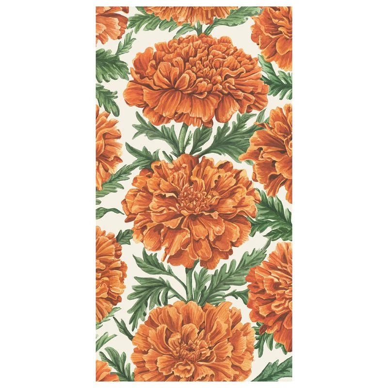 Orange marigold flowers with green leaves repeat across a white background in a botanical illustration style—perfect for fall decor or as part of the Marigold Collection by Hester & Cook.