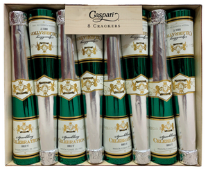 A box of eight Caspari Sparkling Wine Bottle Crackers, featuring classic designs in green and silver, filled with festive surprises for your holiday table.