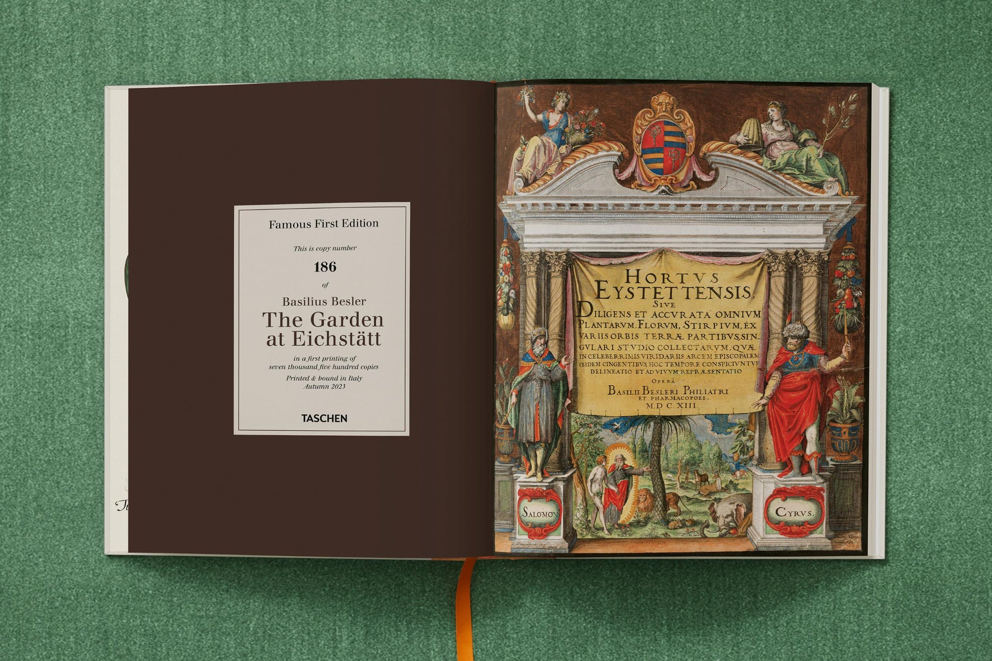 An open book titled "Basilius Besler" by Taschen reveals a detailed title page and ornate frontispiece, featuring exquisite botanical illustrations from Hortus Eystettensis, all set against a green textured background.