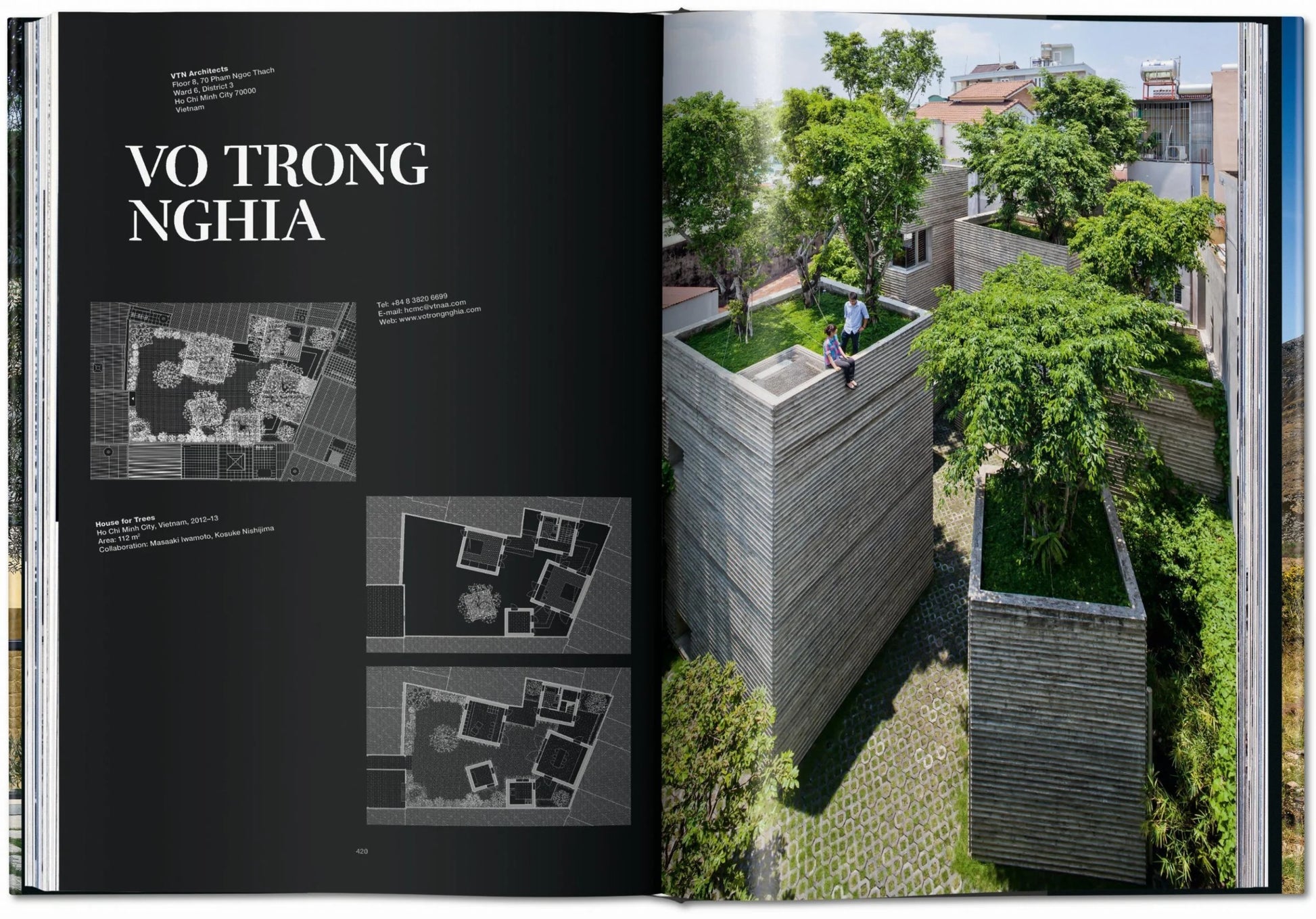 Homes For Our Time by Taschen: An open book reveals architectural plans and a contemporary house by Vo Trong Nghia, featuring rooftop gardens and lush greenery—a stunning example of modern home design.