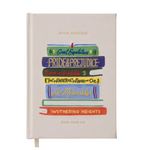 The Rifle Paper Co. Embroidered Book Journal features a beige cover embroidered with classic book spine illustrations, including Great Expectations and Pride & Prejudice. Perfect as a unique reading log for book lovers.