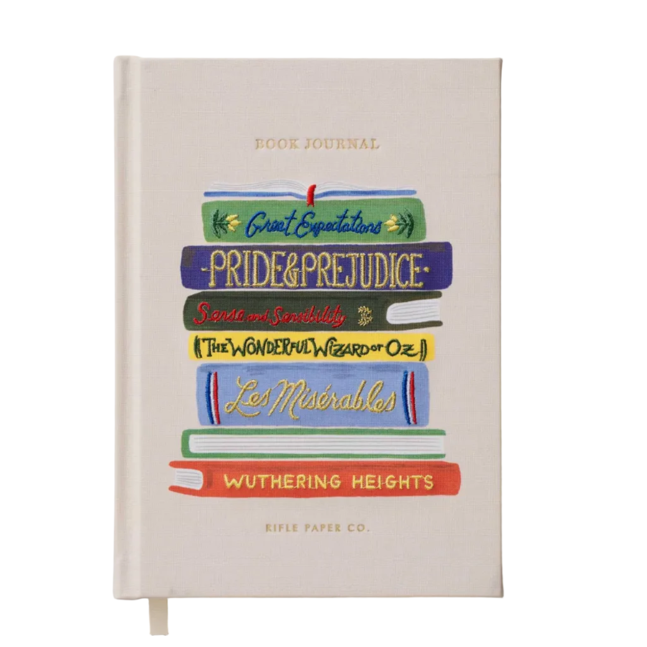 The Rifle Paper Co. Embroidered Book Journal features a beige cover embroidered with classic book spine illustrations, including Great Expectations and Pride & Prejudice. Perfect as a unique reading log for book lovers.
