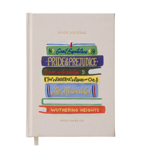 The Rifle Paper Co. Embroidered Book Journal features a beige cover embroidered with classic book spine illustrations, including Great Expectations and Pride & Prejudice. Perfect as a unique reading log for book lovers.
