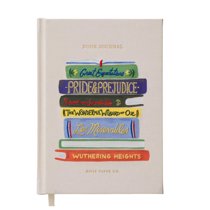 The Rifle Paper Co. Embroidered Book Journal features a beige cover embroidered with classic book spine illustrations, including Great Expectations and Pride & Prejudice. Perfect as a unique reading log for book lovers.