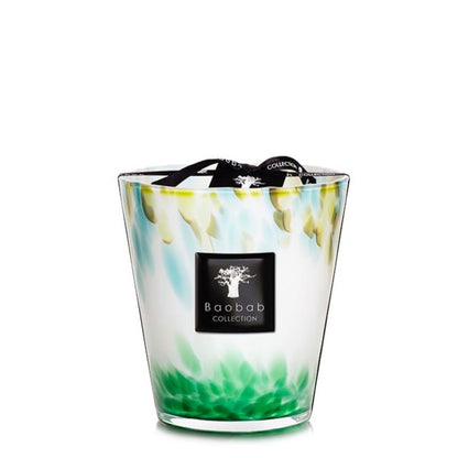 A decorative Baobab Collection Eden Forest candle in a multicolored glass holder with a black label and ribbon.