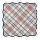 Juliska Merry Tartan Napkin, a square linen with a scalloped edge and a red and green plaid pattern on a white background.