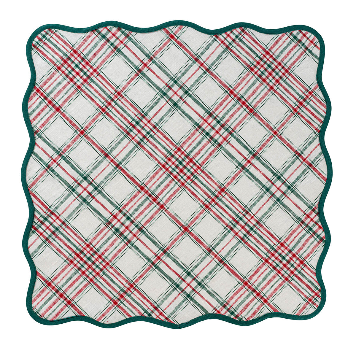 Juliska Merry Tartan Napkin, a square linen with a scalloped edge and a red and green plaid pattern on a white background.