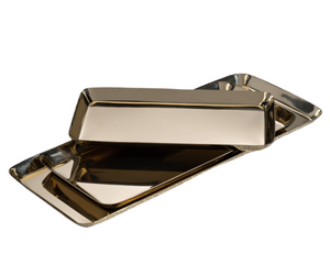 The Zodax Park Lane Versatile Rectangle Tray Collection features three gold-colored steel trays, stacked stylishly on a white background for a striking decorative accent.