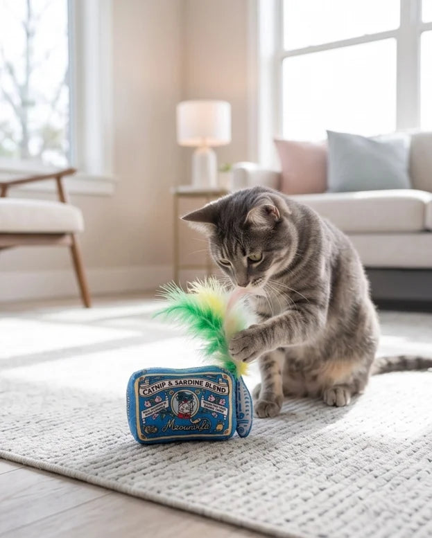 A gray tabby cat plays with the Meowwife Sardines Cat Toy by Haute Diggity Dog, which features blue coloring and green and yellow feather toppers, on a light-colored rug in the living room, enjoying the enticing scent of organic catnip inside this high-quality toy.