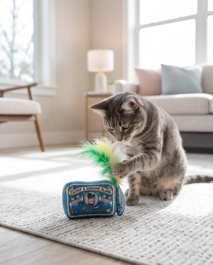A gray tabby cat plays with the Meowwife Sardines Cat Toy by Haute Diggity Dog, which features blue coloring and green and yellow feather toppers, on a light-colored rug in the living room, enjoying the enticing scent of organic catnip inside this high-quality toy.