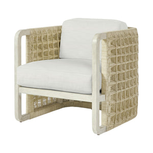 The Damien Lounge Chair by PALECEK features a white cushion and woven abaca rope sides and back on a hardwood frame with a cerused light whitewash finish, shown against a white background.