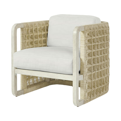 The Damien Lounge Chair by PALECEK features a white cushion and woven abaca rope sides and back on a hardwood frame with a cerused light whitewash finish, shown against a white background.