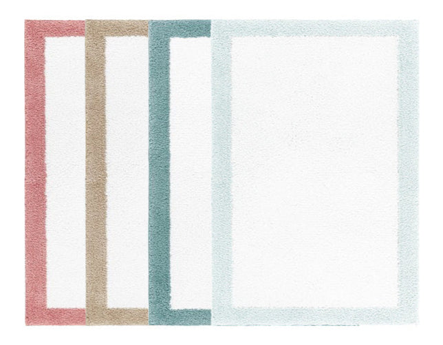Four Egoist Border Bath Rugs by Graccioza, crafted from Egyptian cotton, display customizable borders in pink, beige, blue, and light blue with white centers. The rectangular mats are shown overlapping from left to right.