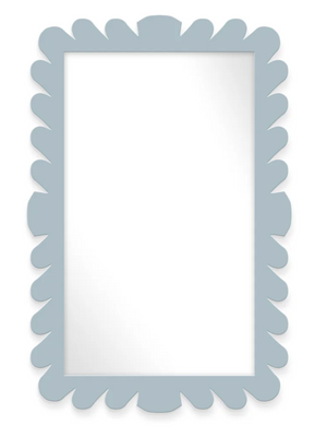 The Fleur Home Garden District Coquette Rectangle Mirror in Denim Wash features a light blue scalloped frame inspired by New Orleans' Queen Anne fishtail shingles and a clear, plain reflective surface.