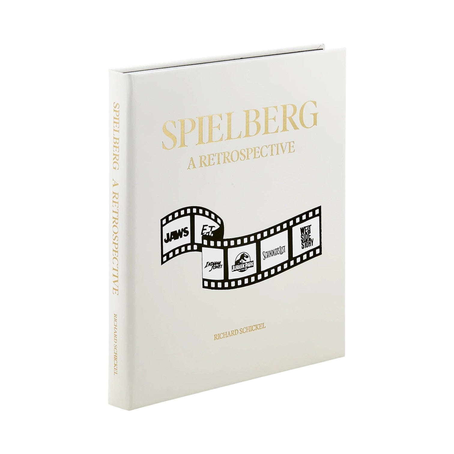Steven Spielberg: A Retrospective" by Graphic Image is a hardcover illustrated monograph featuring film strip graphics and movie logos on a white cover—a must-have for Spielberg fans and film analysis enthusiasts.