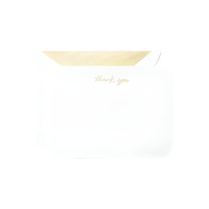 The Crane Gold Thank You Round Corner Card Set features white envelopes with gold-striped interiors and "thank you" in metallic gold foil on the front—an elegant way to express your gratitude.