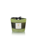 A green Baobab Collection Elementos Gaia scented candle in a glass holder with a label on the front, isolated on a white background.