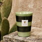 A Baobab Collection Elementos Gaia candle in a green, striped glass container, set on a weathered stone ledge next to a cactus.