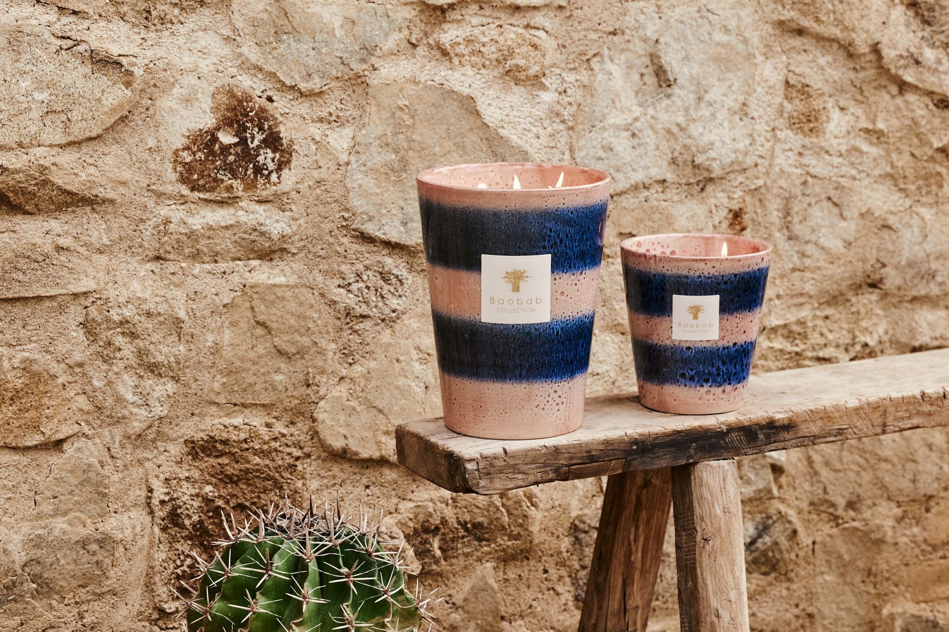 Two Baobab Collection Elementos Téthys candles on a wooden bench beside a stone wall and small cactus.