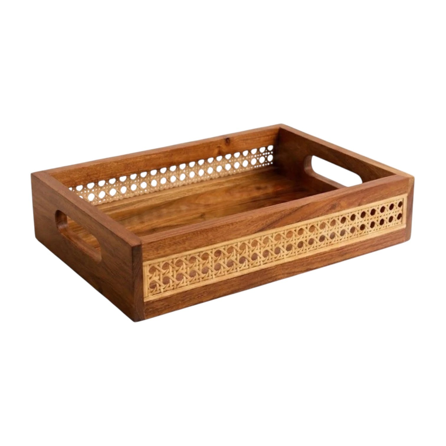 The Ellie Cane Tray by Be Home is a rectangular wooden serving tray featuring cutout handles and decorative woven cane panels on the sides, perfect for adding a touch of natural home decor to any space.