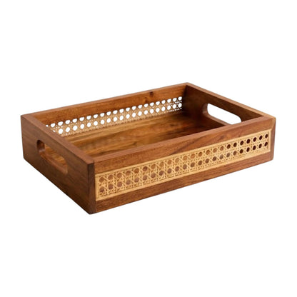 The Ellie Cane Tray by Be Home is a rectangular wooden serving tray featuring cutout handles and decorative woven cane panels on the sides, perfect for adding a touch of natural home decor to any space.