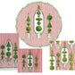The Eloise Napkin and Placemat Collection by Caspari features Christmas-themed linens with red stripes, green topiary trees, wreaths, and bows in round and rectangular shapes. These triple-ply napkins boast festive German-printed designs.