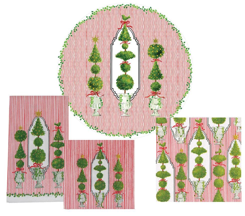The Eloise Napkin and Placemat Collection by Caspari features Christmas-themed linens with red stripes, green topiary trees, wreaths, and bows in round and rectangular shapes. These triple-ply napkins boast festive German-printed designs.