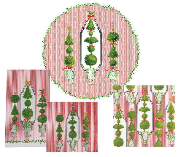 The Caspari Eloise Collection by Caspari offers durable, Christmas-themed tableware adorned with green wreath and topiary designs on red and white striped backgrounds, paired with triple-ply napkins printed using non-toxic ink.