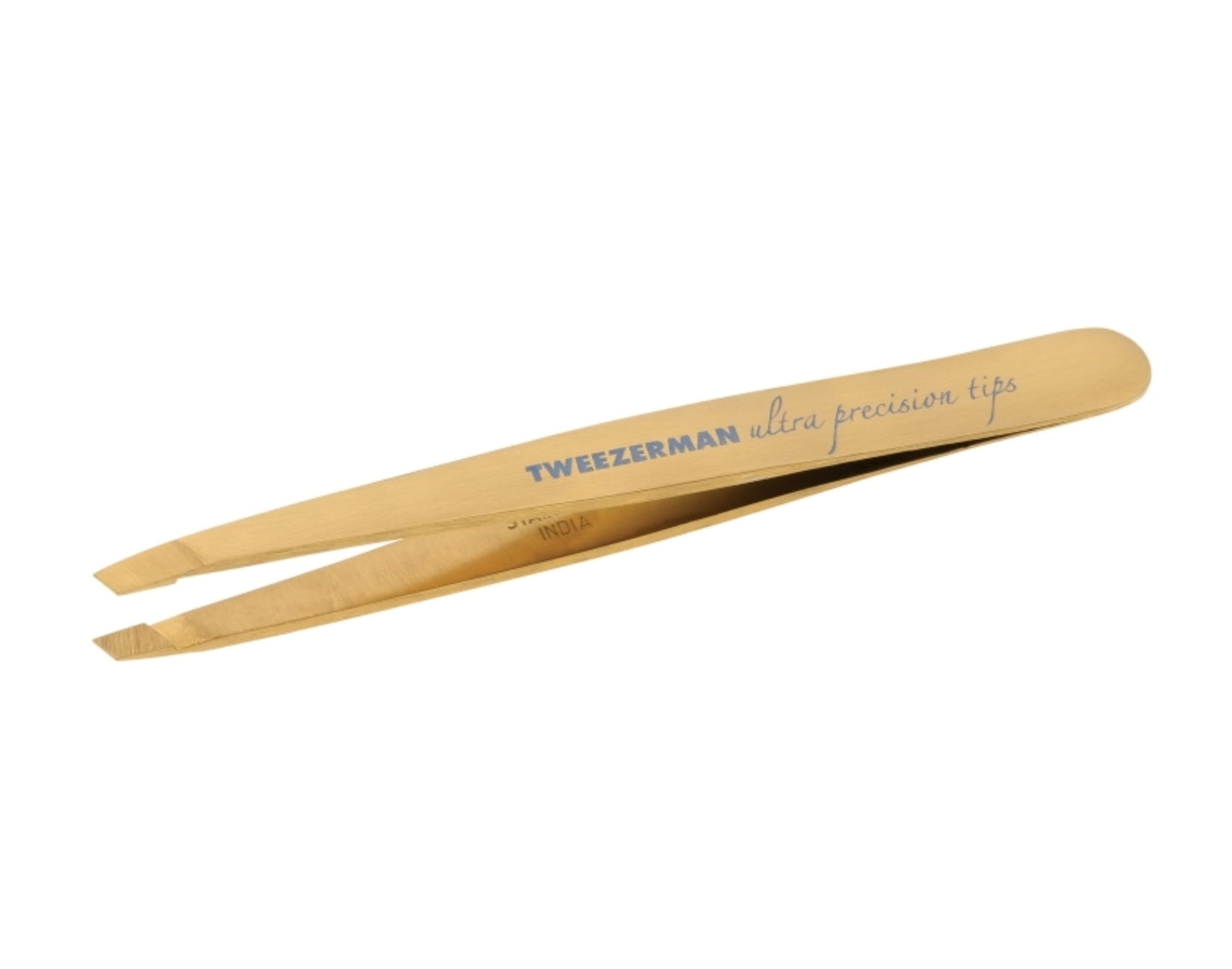 The Tweezerman Ultra Precision Gold Slant Tweezer features ultra-precise slant tips, gold coloring, and "TWEEZERMAN ultra precision tips" printed on the side—perfect for brow shaping.