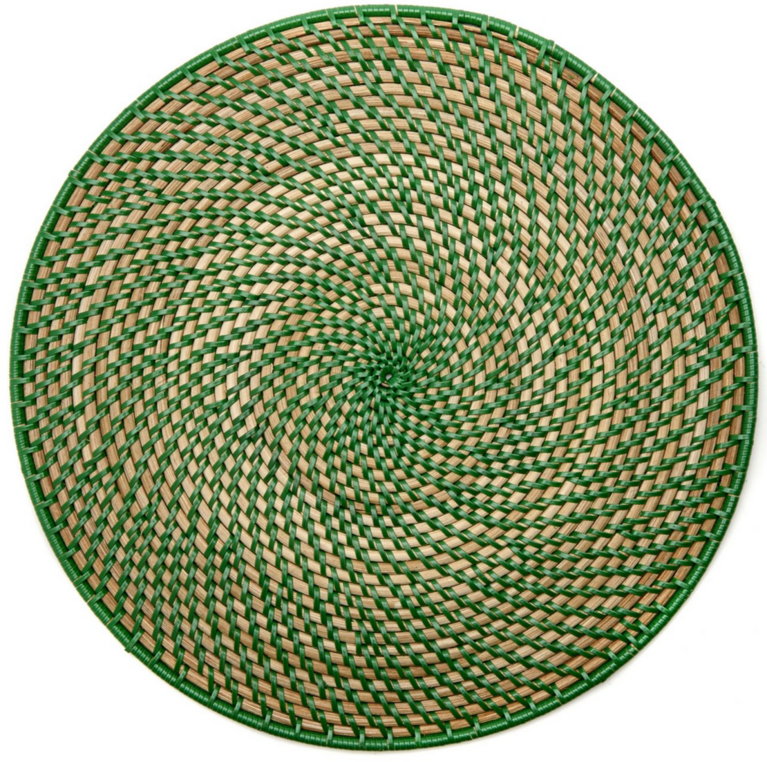 The Calypso Rattan Placemat Set by Deborah Rhodes features hand-woven, round natural rattan mats with a green and beige spiral pattern, adding elegant versatility to indoor or outdoor settings.